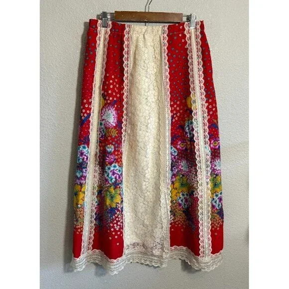 VTG 70s Tumbleweeds Maxi Skirt M/L Lace Red Floral Bohemian Cottagecore - Picture 2 of 9